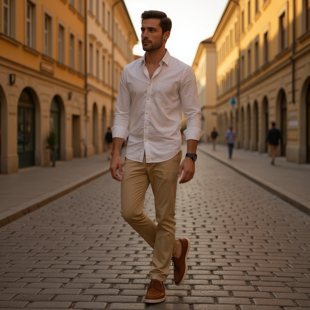 Hombre con mocasines de cuero CALCE en un ambiente urbano elegante.