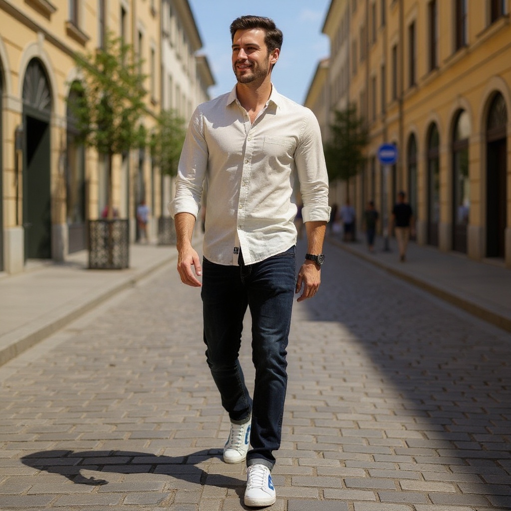 Hombre elegante con deportivas PREMIATA BL/AZ, jeans y camisa de lino, paseando por una calle urbana europea.