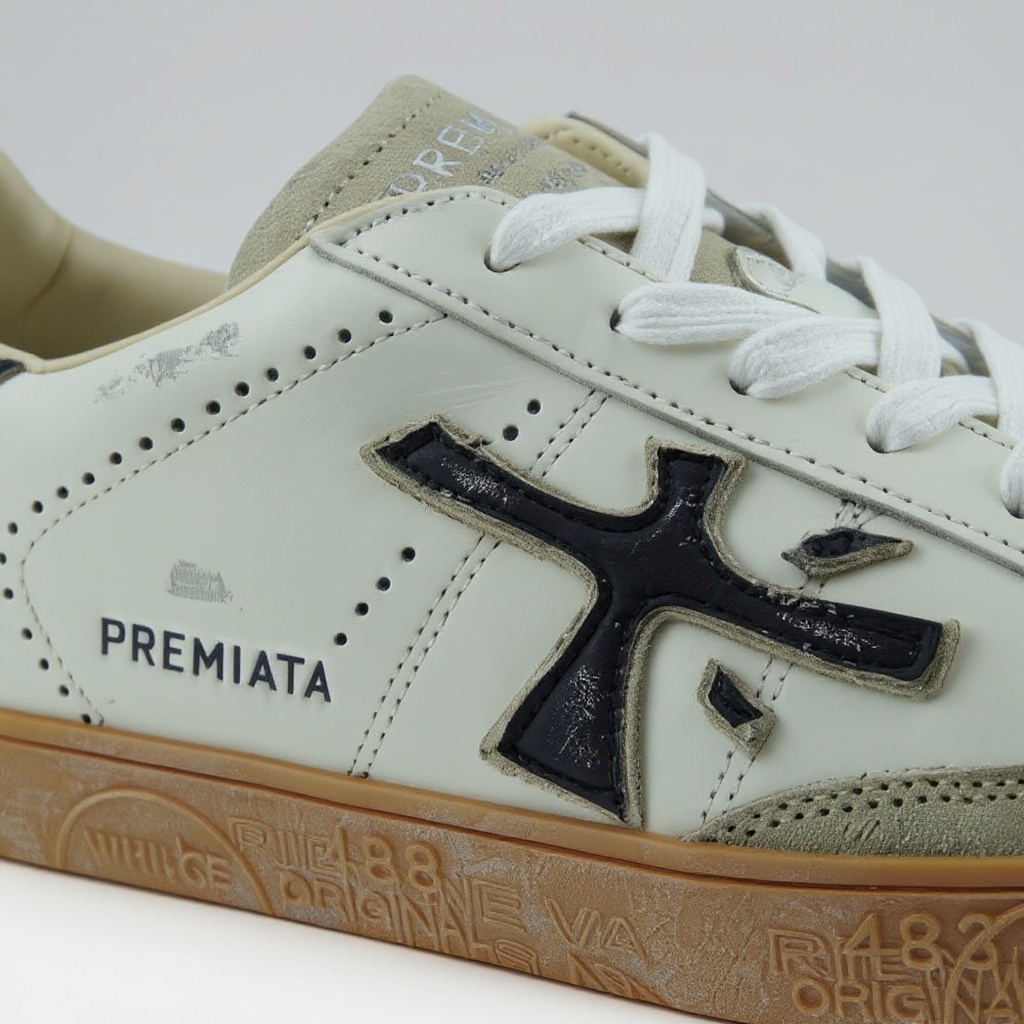 Detalle de las deportivas PREMIATA BL/AZ, mostrando la textura del tejido BLOK y la piel de primera calidad, con enfoque en la suela y las costuras.