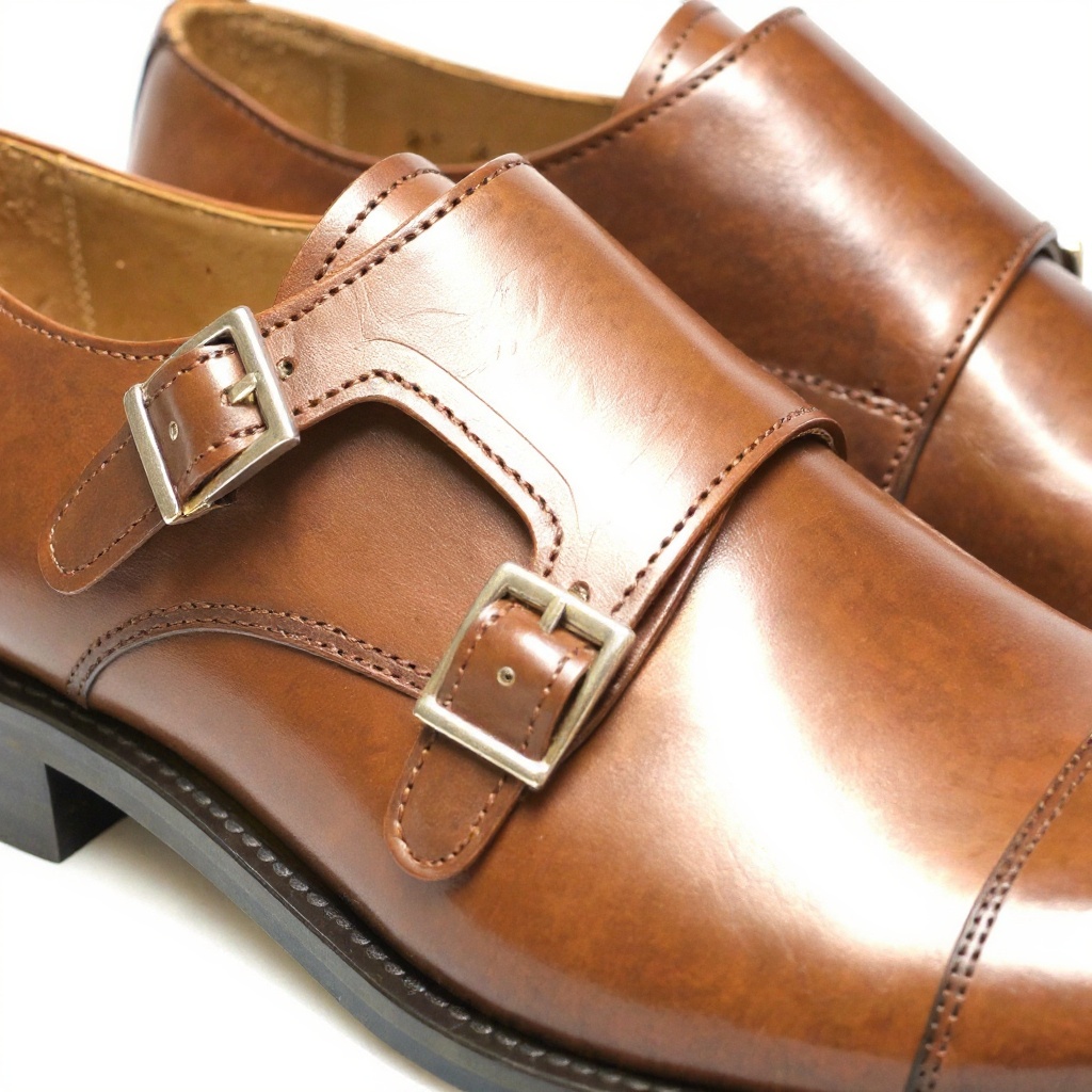 Primer plano de los zapatos PERTINI de doble hebilla en cuero, mostrando la textura de la piel napa, las hebillas metálicas y la calidad de las costuras artesanales.