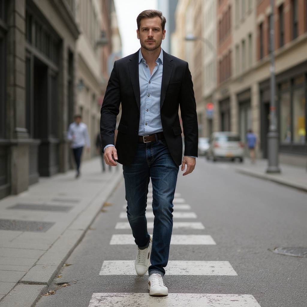 Hombre con deportivas Premiata blanco/corda en un entorno urbano, combinando jeans y camisa para un look casual elegante.