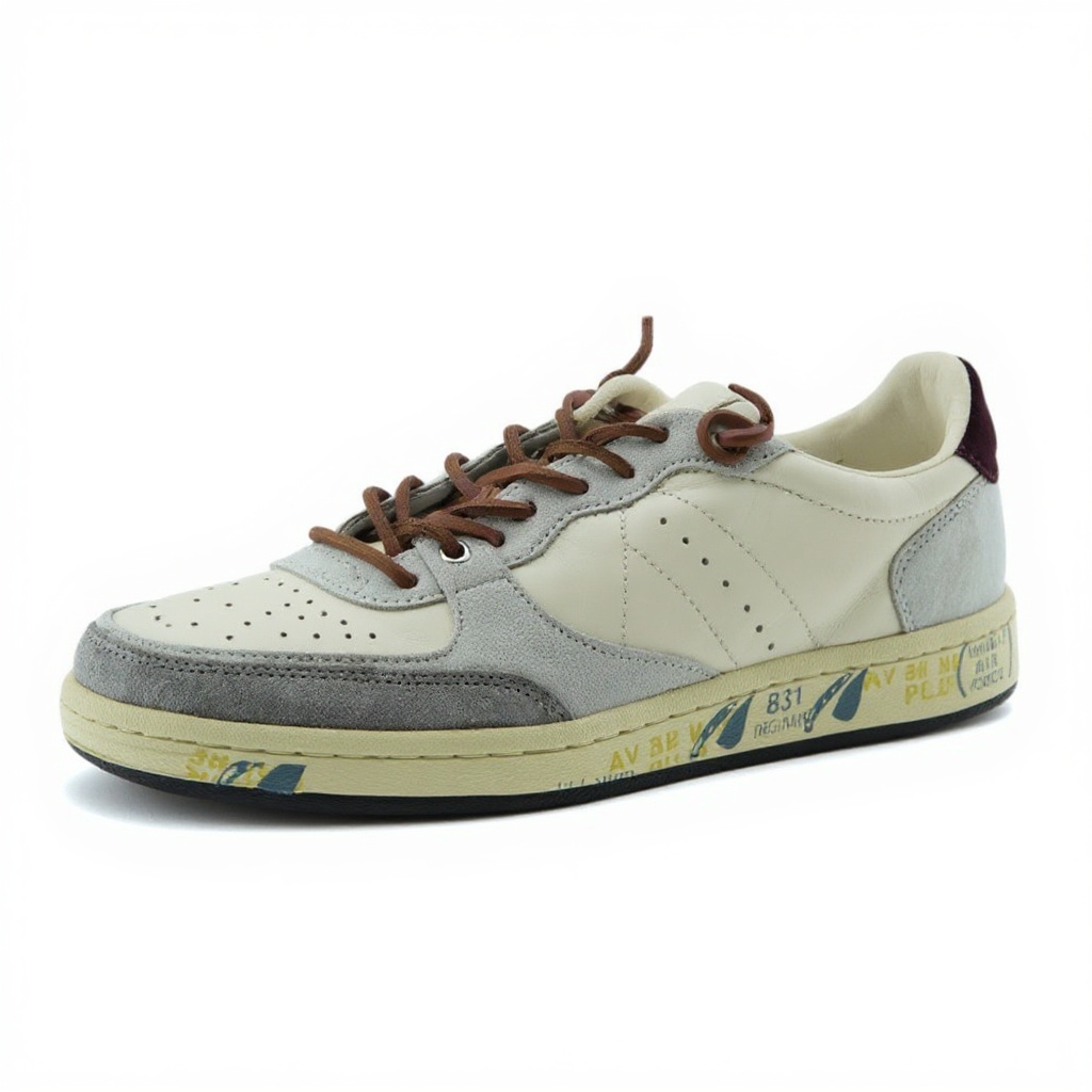 Primer plano de las deportivas Premiata blanco/corda, mostrando la textura del tejido BLOK y los detalles de la piel de alta calidad.