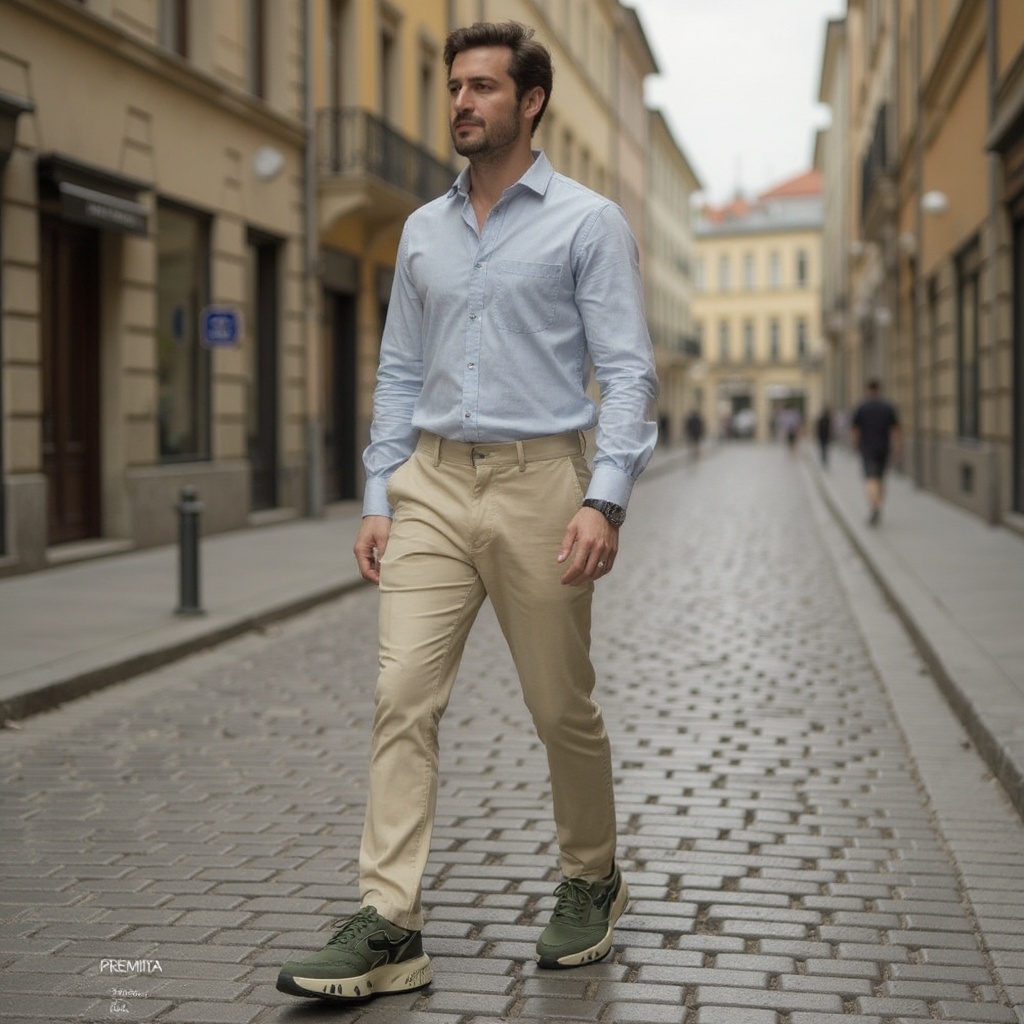 Hombre elegante con zapatillas deportivas PREMIATA kaki paseando por una ciudad europea.