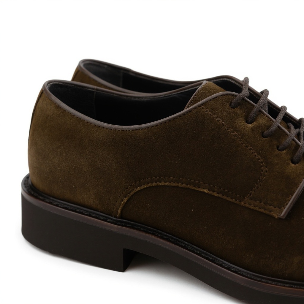 Primer plano de los materiales premium del Blucher CALCE marrón, mostrando la piel, el nubuck y la suela Spay.