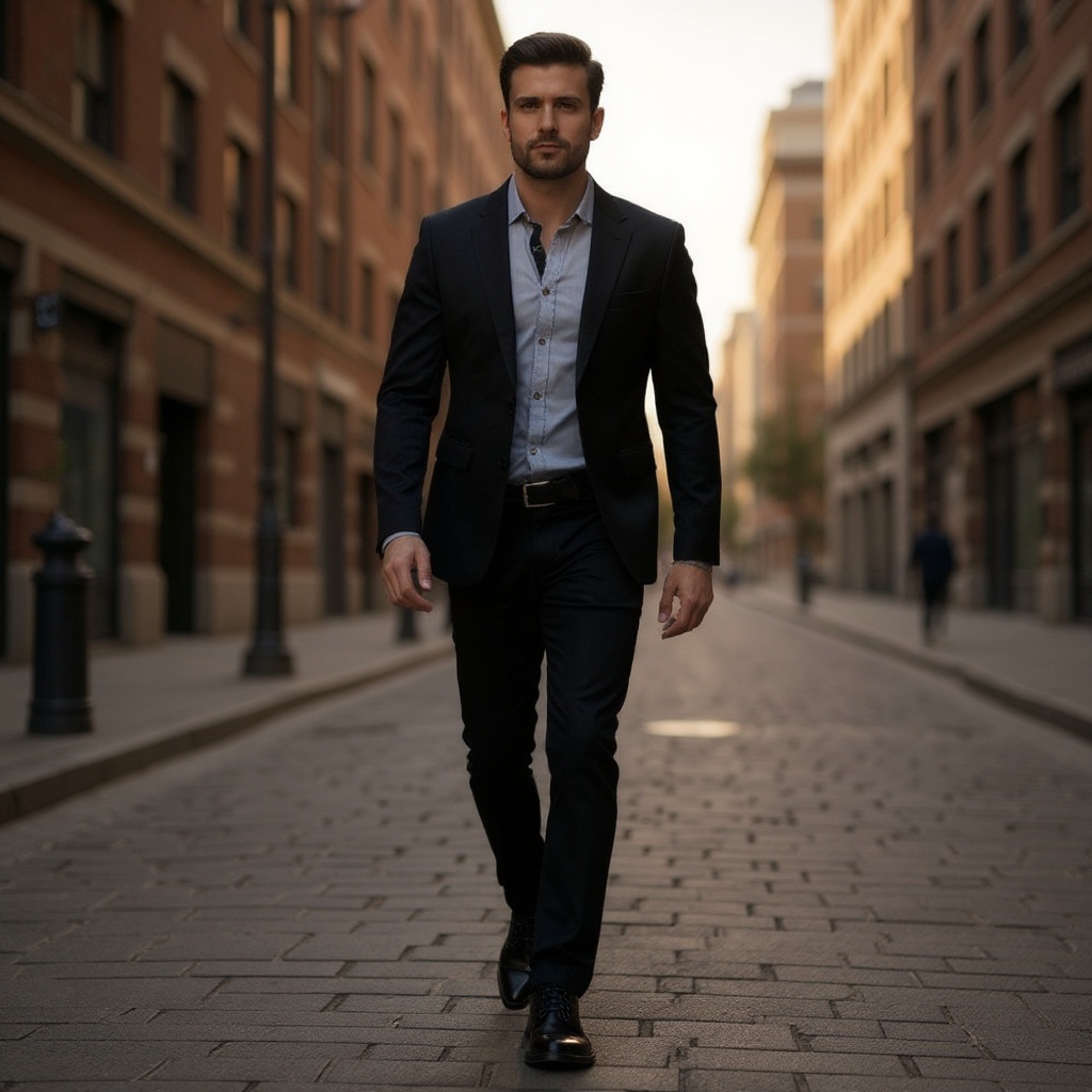 Hombre elegante caminando por la ciudad con zapatos blucher negros CALCE, combinando estilo profesional y casual.
