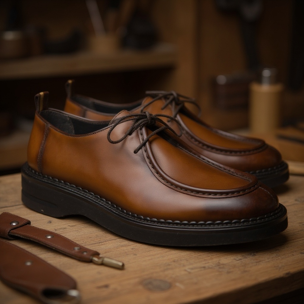 Primer plano técnico de los zapatos CALCE blucher de cuero, mostrando detalles de fabricación