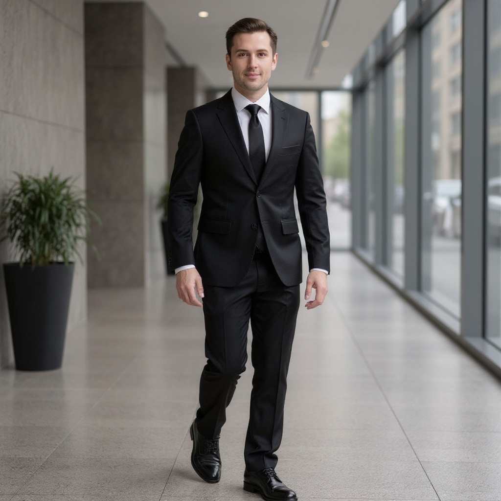 Hombre vistiendo los elegantes zapatos blucher negros CALCE con un traje oscuro, caminando con confianza en un entorno urbano sofisticado.