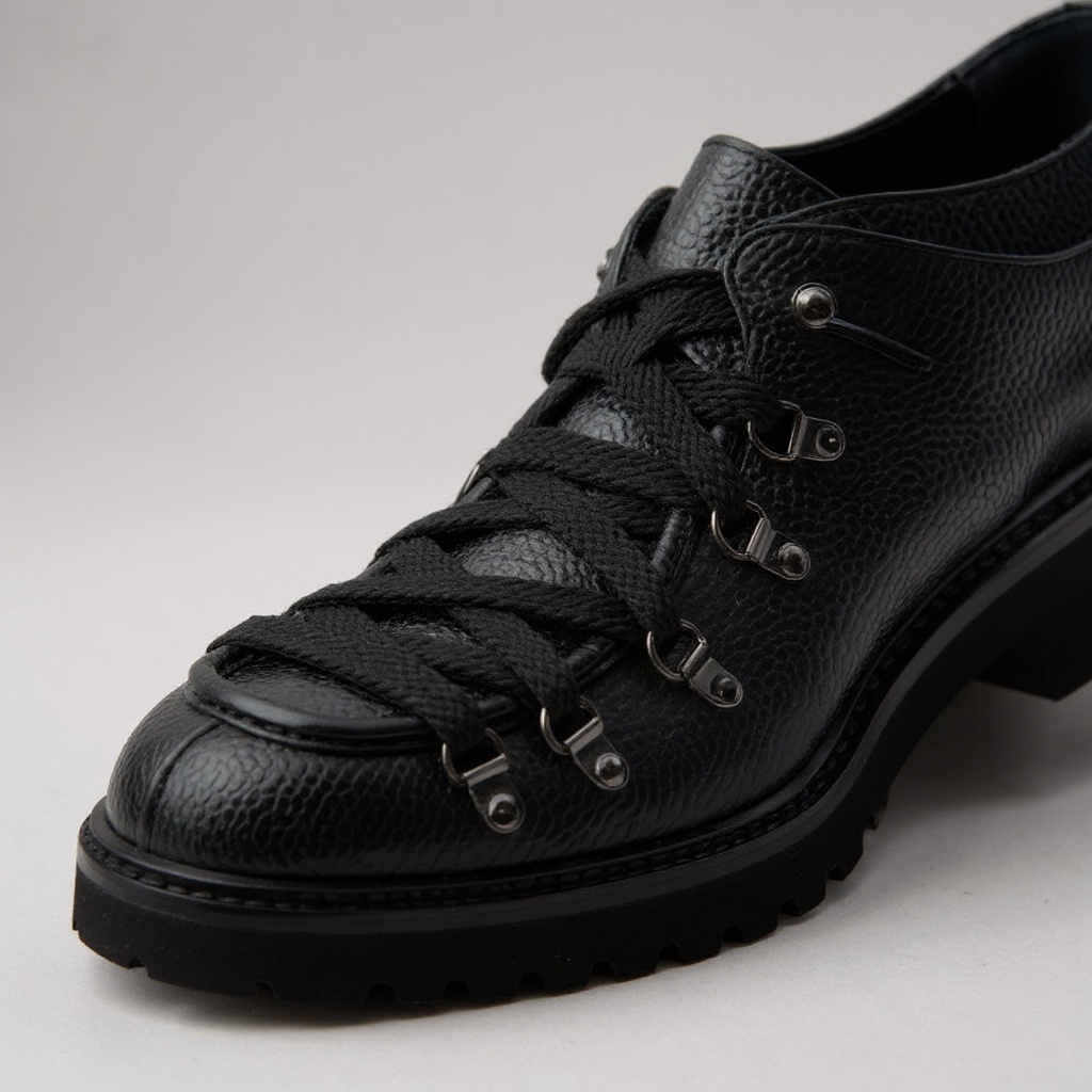 Detalle de la piel de becerro de grano completo y las costuras meticulosas de los zapatos blucher negros CALCE, mostrando su construcción artesanal.