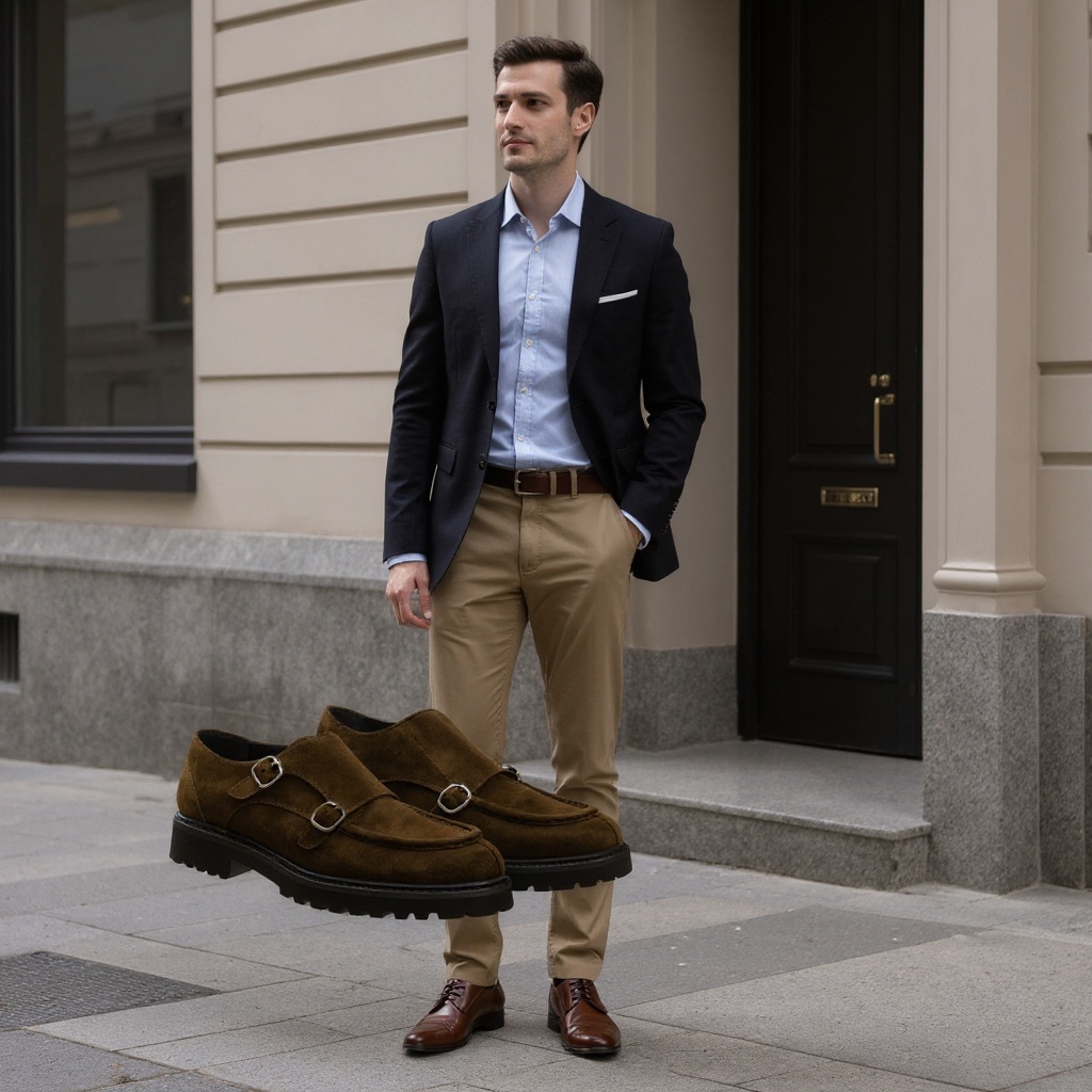 Hombre elegante con zapatos monk de doble hebilla marrones CALCE en un entorno urbano de negocios.