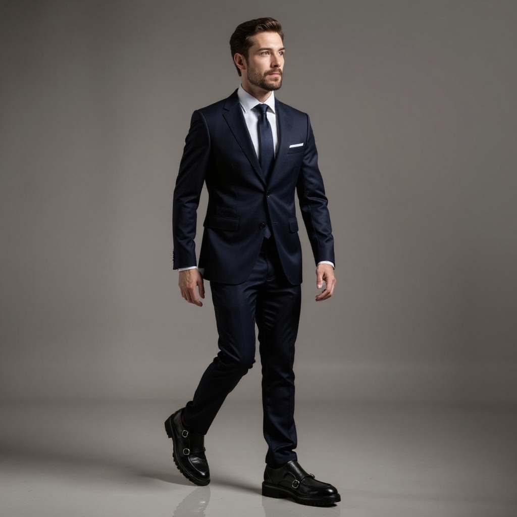 Hombre elegante con traje azul marino y zapatos CALCE de doble hebilla negros, caminando por la ciudad.