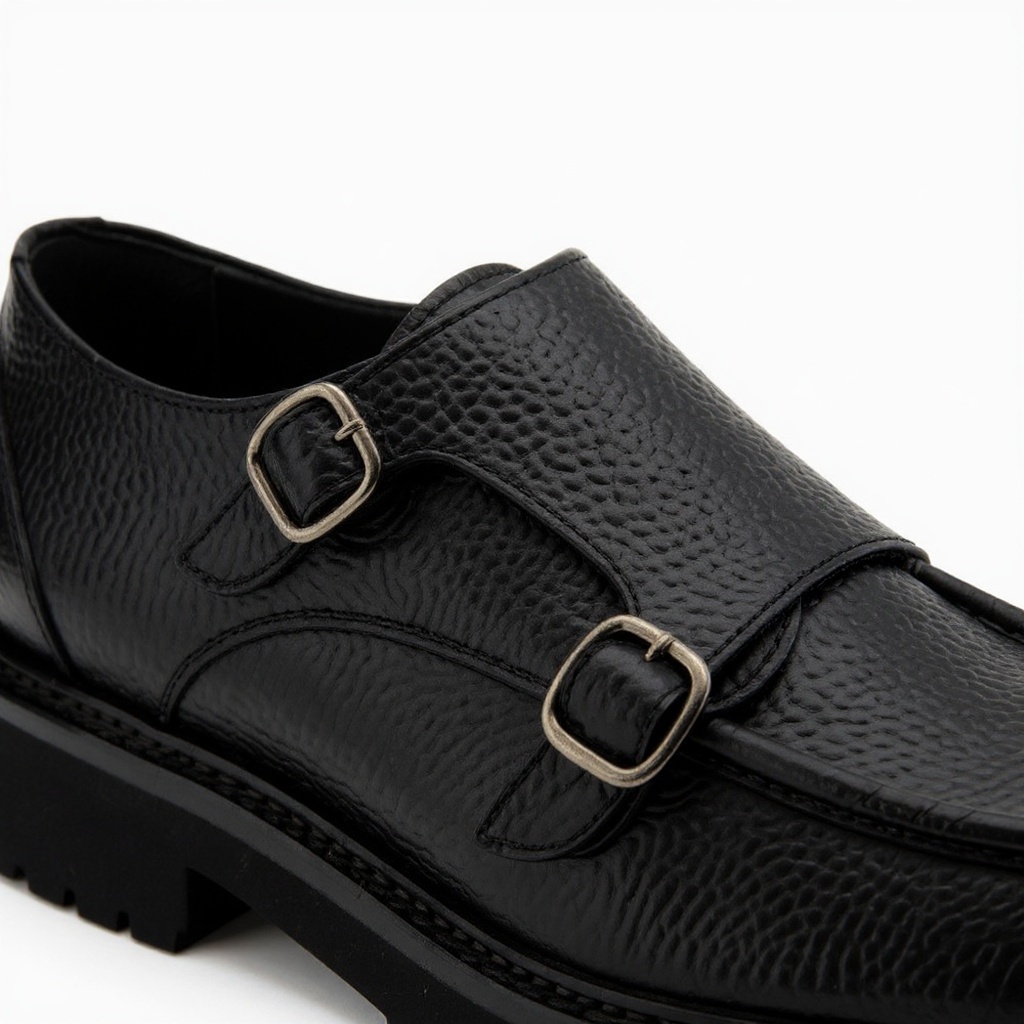 Detalle de los zapatos CALCE de doble hebilla negros, mostrando la textura de la piel BLOK y las hebillas metálicas.