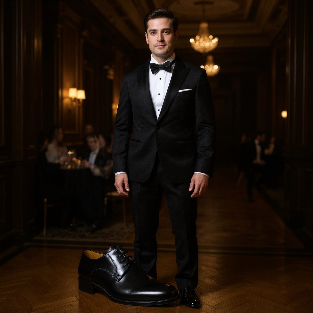 Hombre elegante con tuxedo negro luciendo zapatos PERTINI ceremonia en un evento de gala.