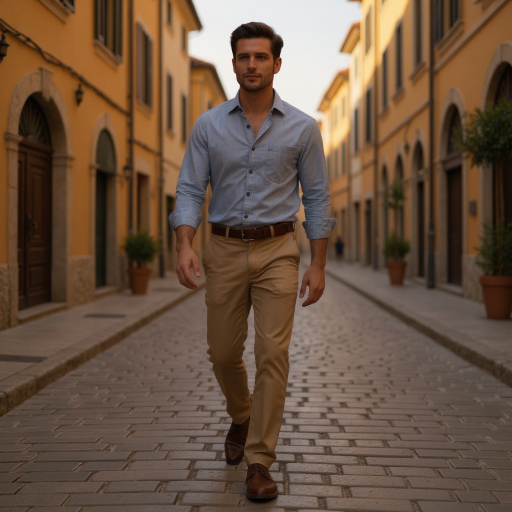 Hombre con mocasines marrones CALCE, pantalones chinos y camisa de lino, disfrutando de un paseo al atardecer.