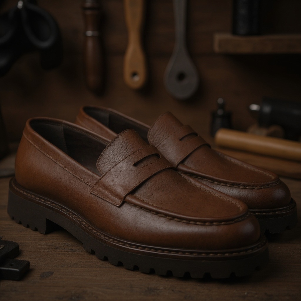 Primer plano de un mocasín marrón CALCE, destacando la calidad de la piel y el detalle artesanal.