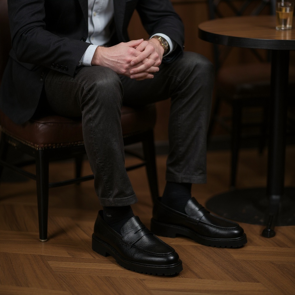 Hombre vistiendo mocasines negros CALCE en un café, mostrando un estilo de vida elegante y relajado.