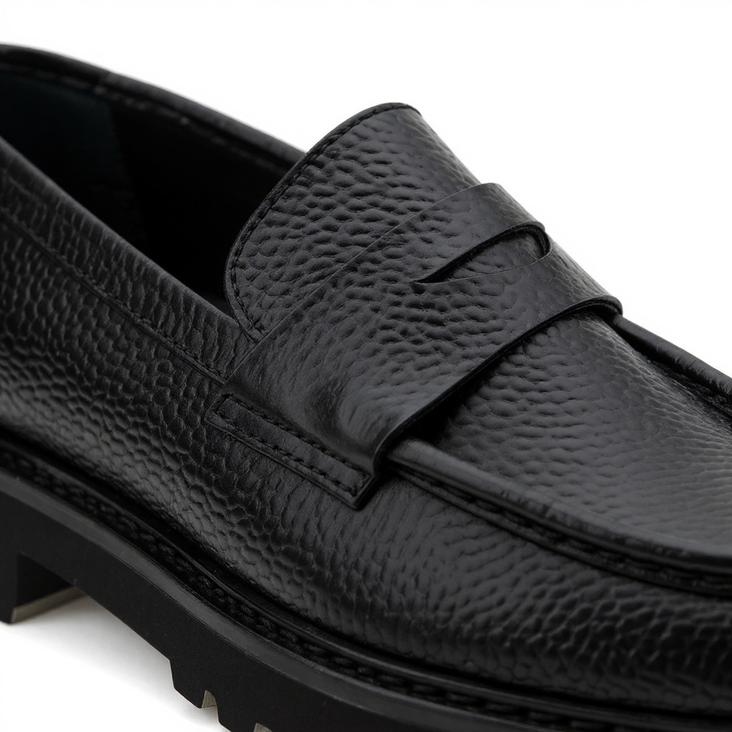 Detalle de los mocasines negros CALCE, mostrando la piel 'BLOK' y la costura artesanal.