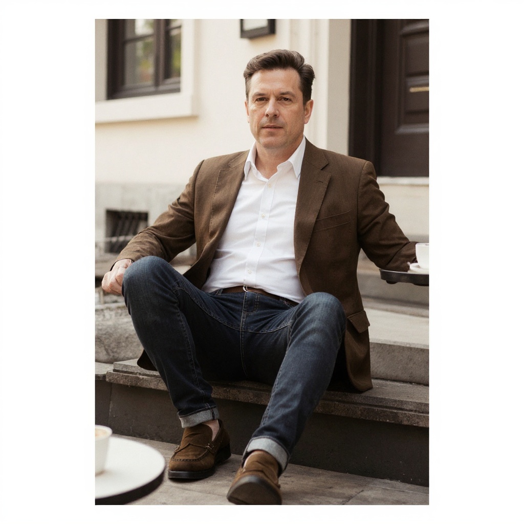 Mocasines CALCE marrones puestos por un hombre en un look smart-casual en una terraza, disfrutando de un café.