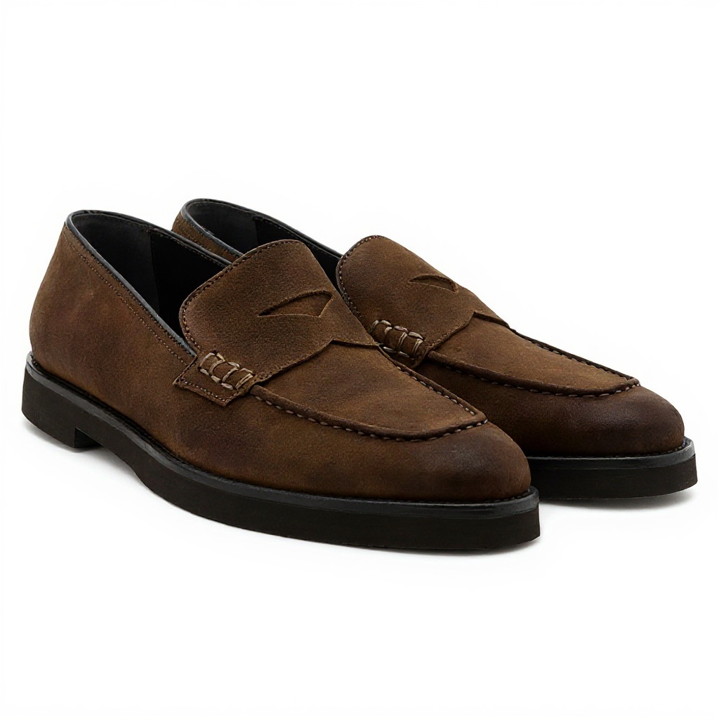 Primer plano de un mocasín CALCE marrón, mostrando la textura de la piel, el nubuck y la calidad de la costura y la suela BLOK.