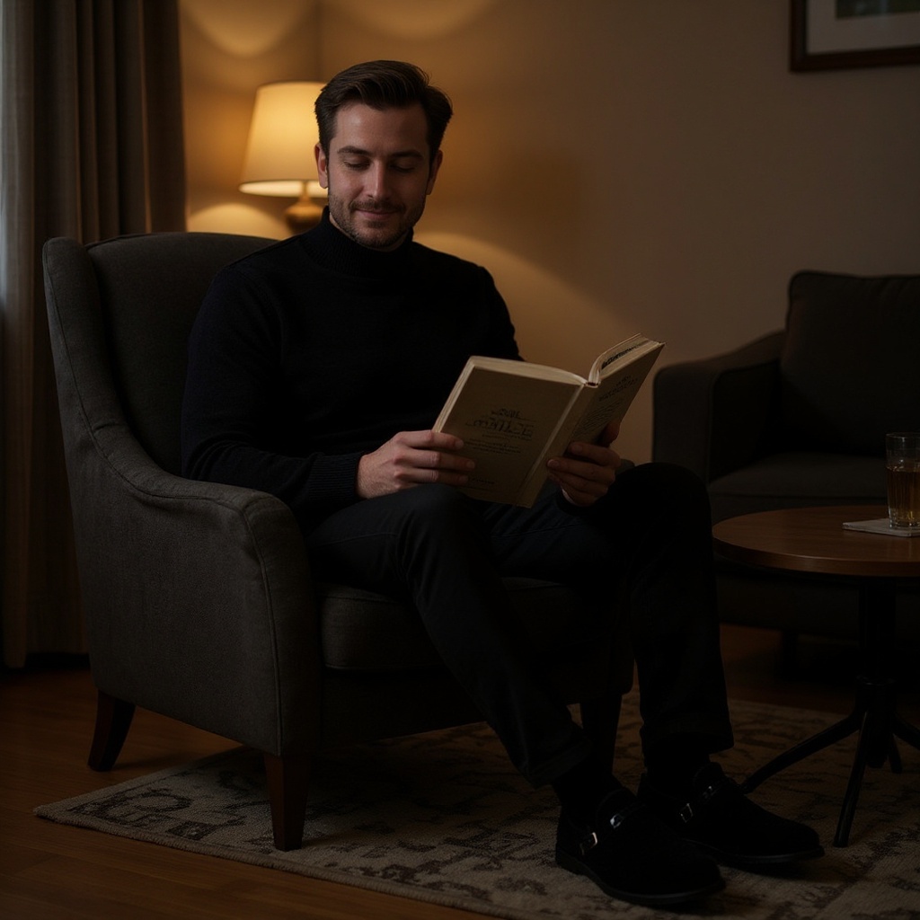 Un hombre elegantemente vestido con ropa de casa, relajándose en un salón de lujo con los slippers negros CALCE.