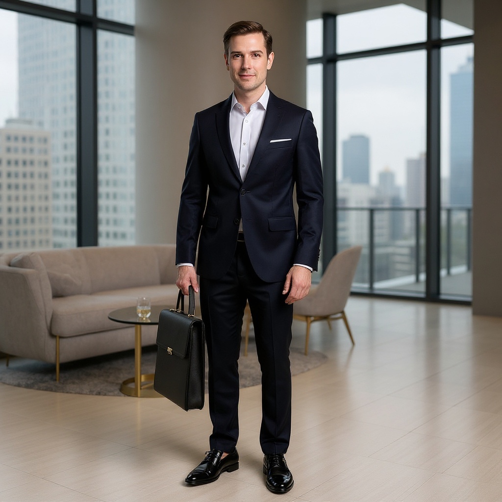 Hombre elegante con traje azul marino luciendo zapatos CALCE 2 hebillas negros en un entorno de oficina de lujo.