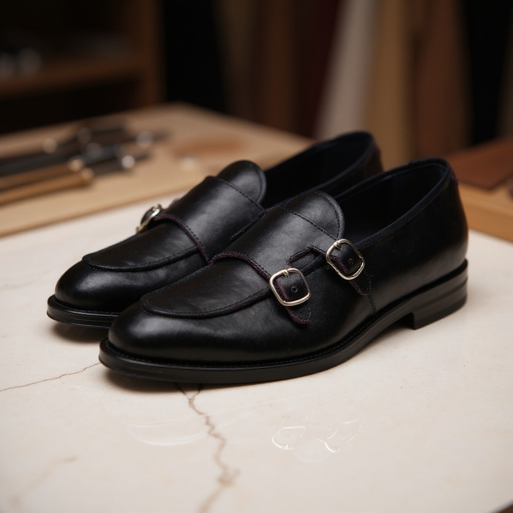 Primer plano detallado del zapato CALCE 2 hebillas negro, mostrando la piel de alta calidad y la artesanía.