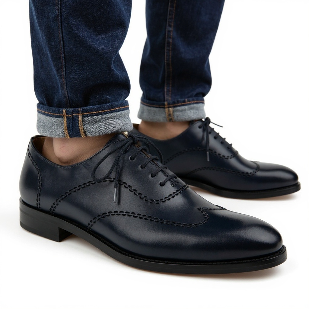 Hombre con zapatos blucher CALCE azules caminando por la ciudad.