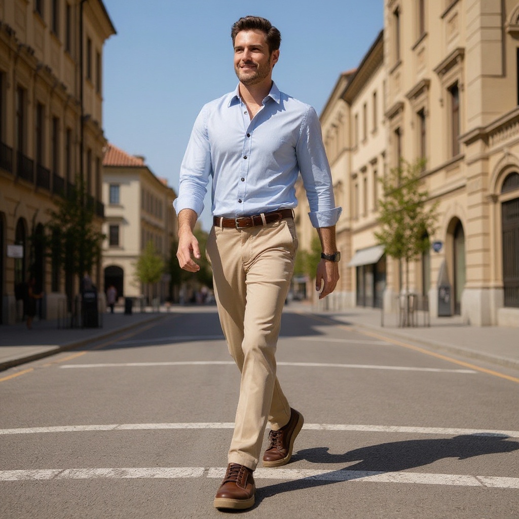 Hombre elegante caminando por la ciudad con zapatillas deportivas CALCE color tabacco, combinando estilo casual y sofisticación en un entorno urbano.