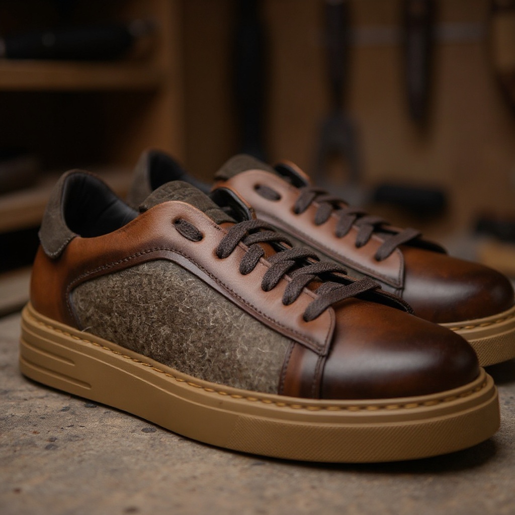 Detalle de los materiales y la construcción artesanal de las zapatillas de deporte CALCE color tabacco, mostrando la calidad de su piel y suela.