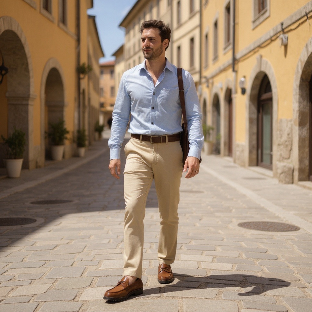 Hombre con mocasines CALCE de cuero caminando elegantemente por una calle europea.