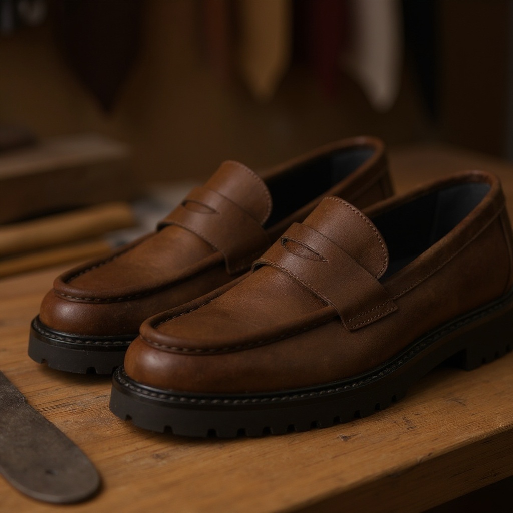 Detalle de la construcción artesanal y los materiales de alta calidad de los mocasines de cuero CALCE.