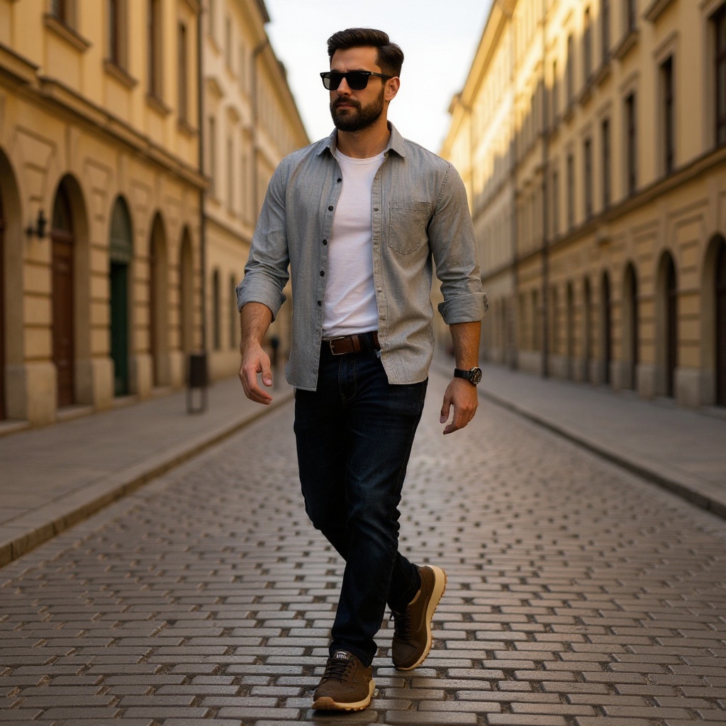 Hombre con estilo casual chic paseando por la ciudad llevando las deportivas VOILE BLANCHE marrones.