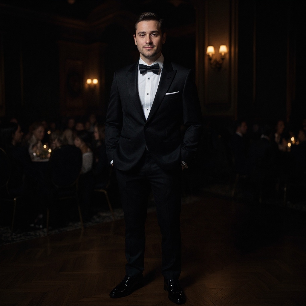 Hombre elegantemente vestido con un esmoquin negro y zapatos PERTINI ceremonia de charol, en un entorno de lujo.