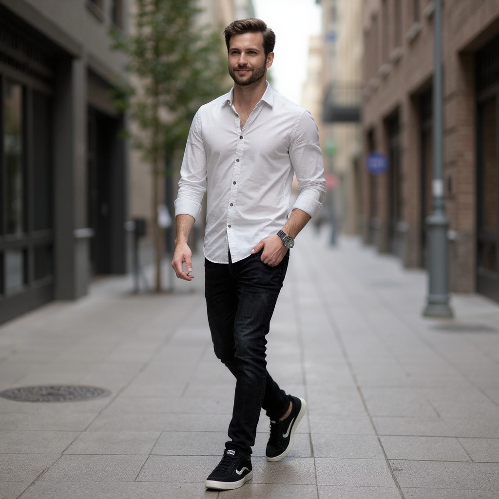 Hombre con zapatillas deportivas negras Voile Blanche combinadas con vaqueros oscuros en un entorno urbano.