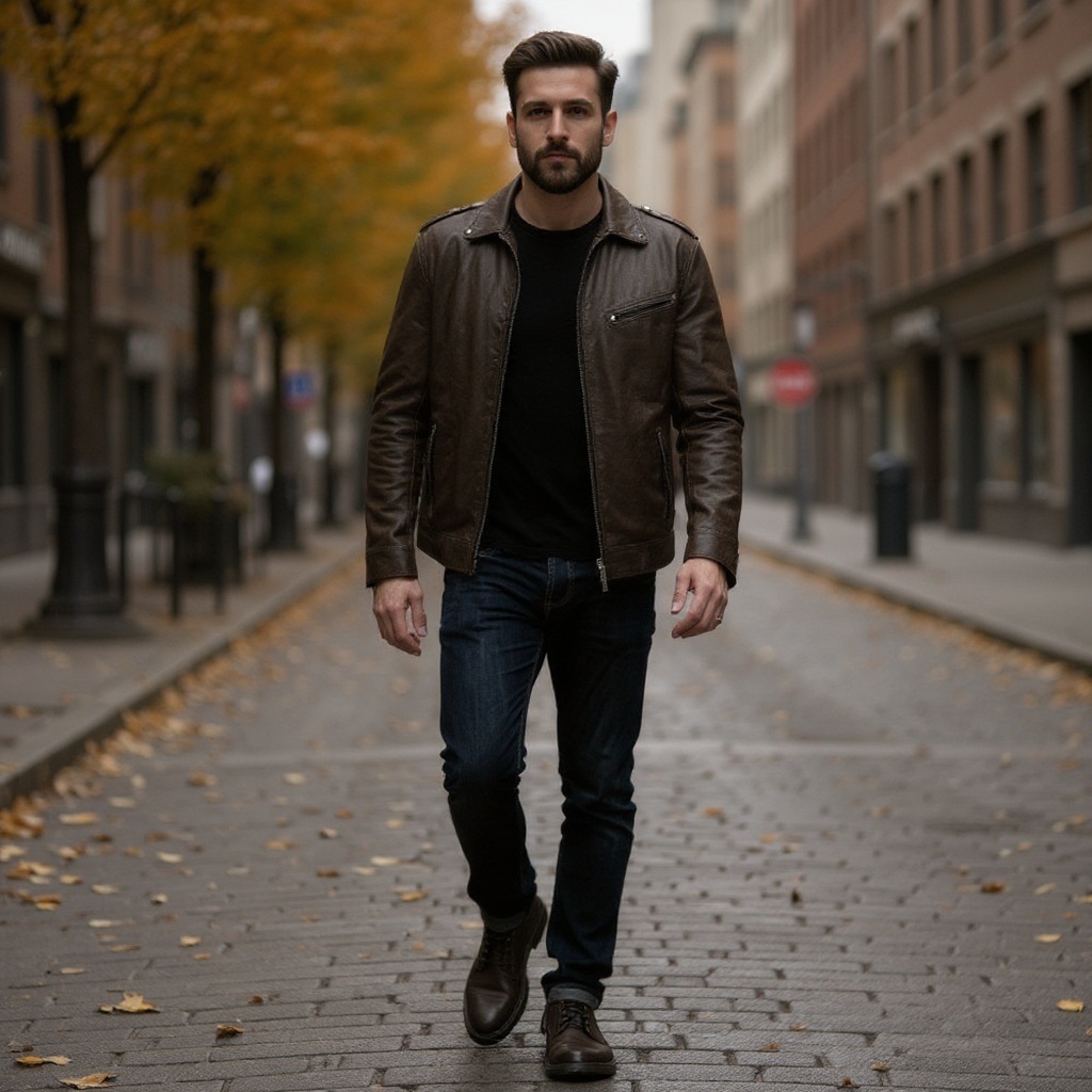 Hombre con botas CALCE marrones, jeans oscuros y chaqueta de cuero caminando por la ciudad.