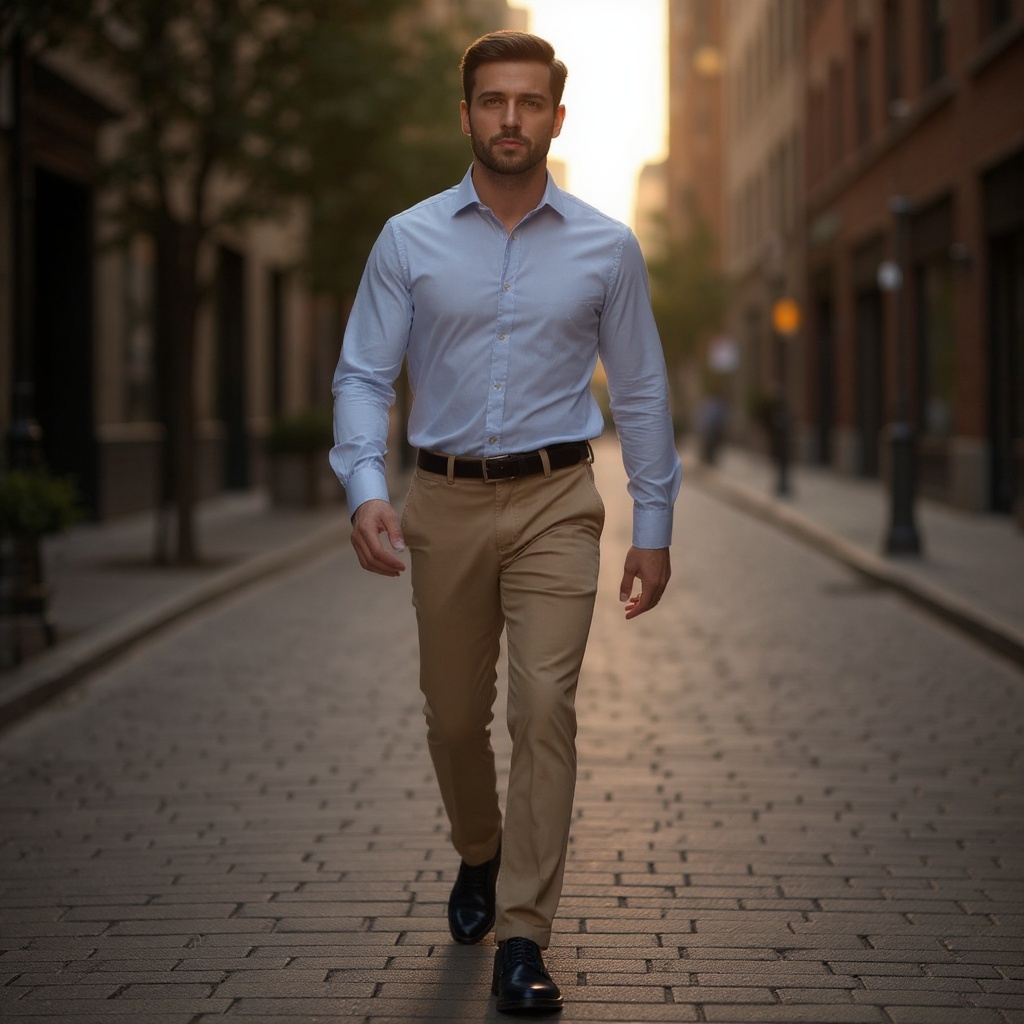 Zapatos CALCE blucher azul para hombre, combinados con chinos beige, en un ambiente urbano elegante.