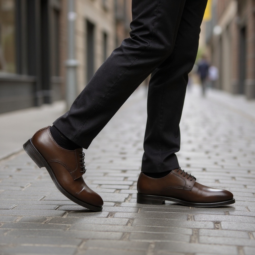 Hombre elegante vistiendo zapatos blucher marrones CALCE en un entorno urbano, reflejando un estilo de vida sofisticado.