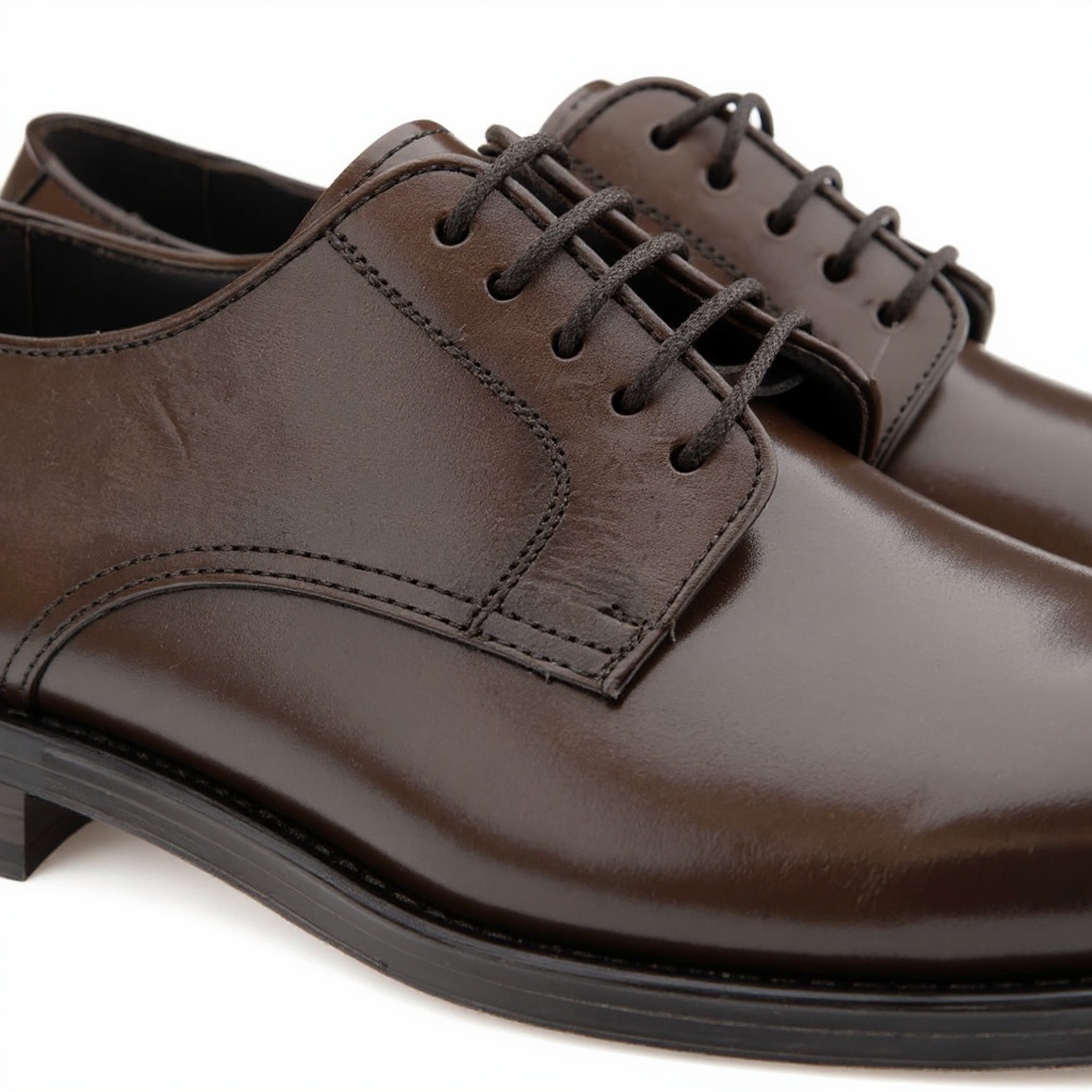 Primer plano de los zapatos blucher marrones CALCE, mostrando la textura de la piel ANTIC y la calidad de la suela SPAY.