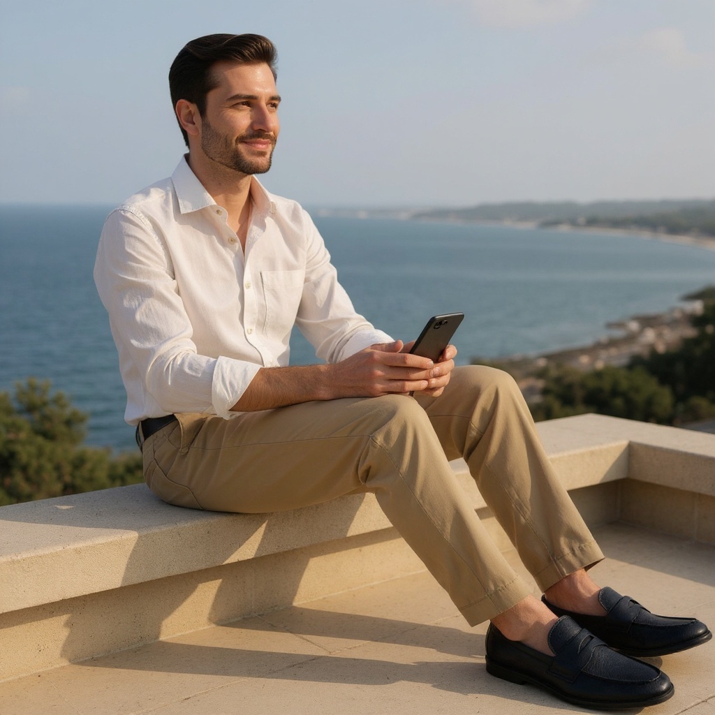 Hombre elegante con mocasines CALCE azules, disfrutando de un atardecer en una terraza mediterránea.