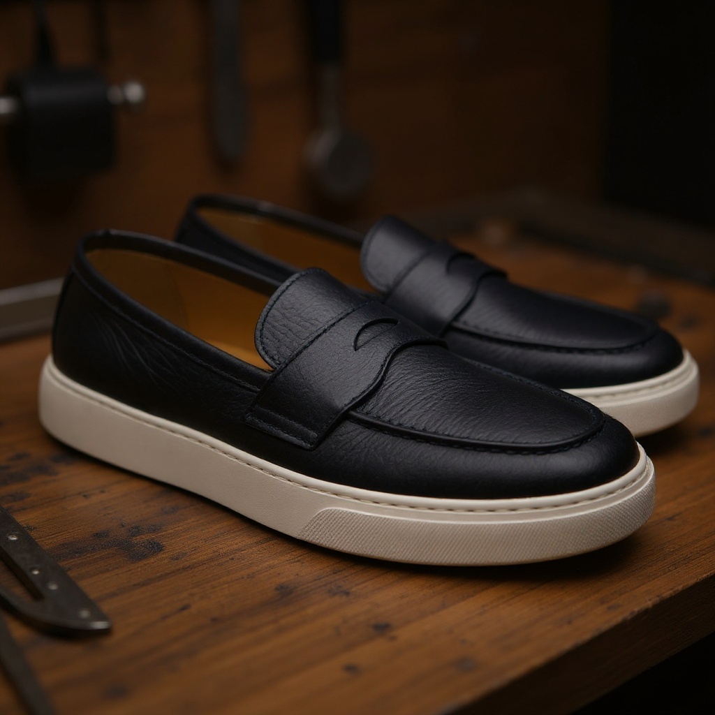 Detalle artesanal del mocasín CALCE azul, mostrando la textura del cuero y la calidad de las costuras.