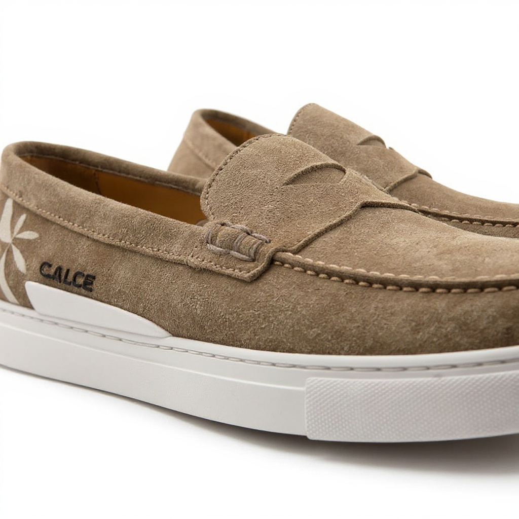 Detalle de la textura y costuras del mocasín taupe CALCE, mostrando la calidad de la piel y el nobuk.