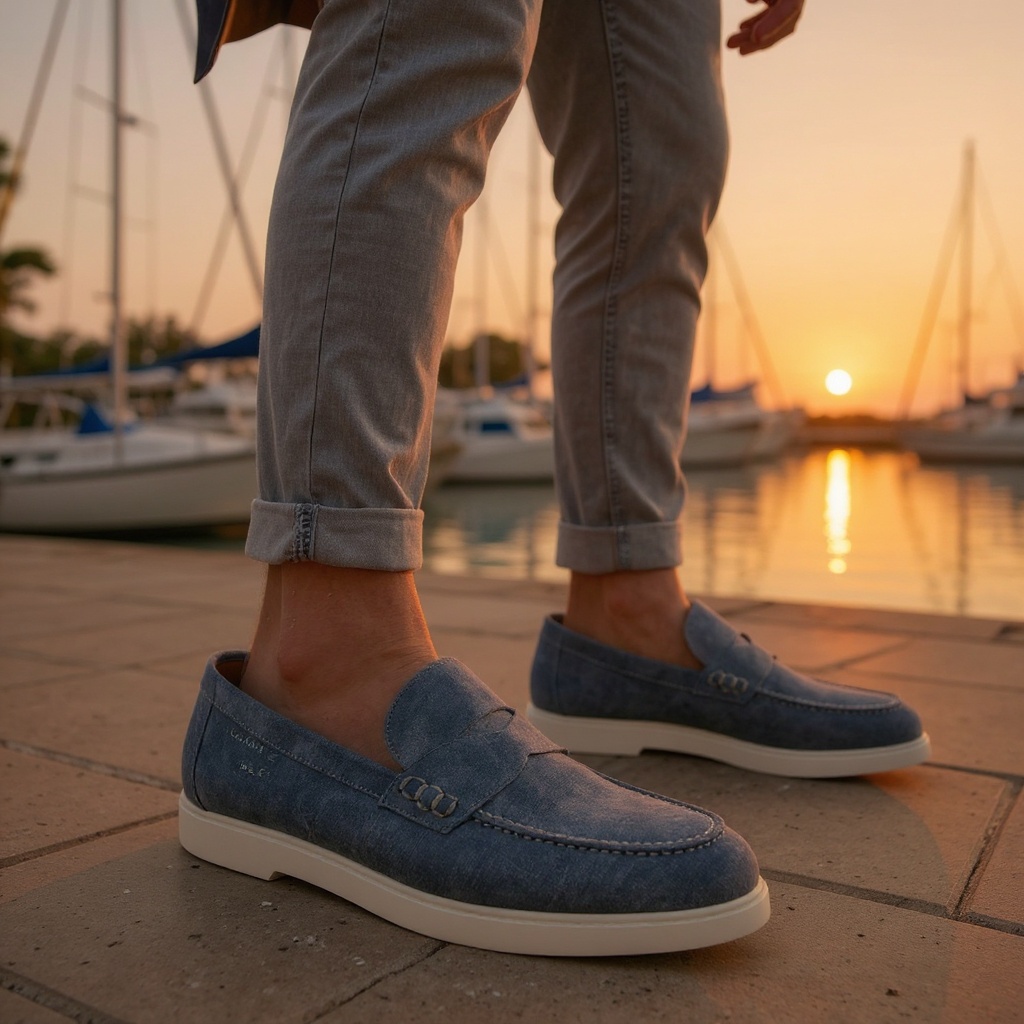 Hombre elegante con mocasines CALCE celeste paseando por un puerto deportivo al atardecer.