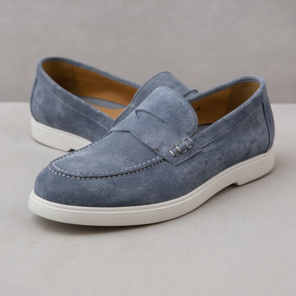 Detalle de los materiales y costuras del mocasín CALCE celeste, mostrando la calidad del cuero y nubuck.