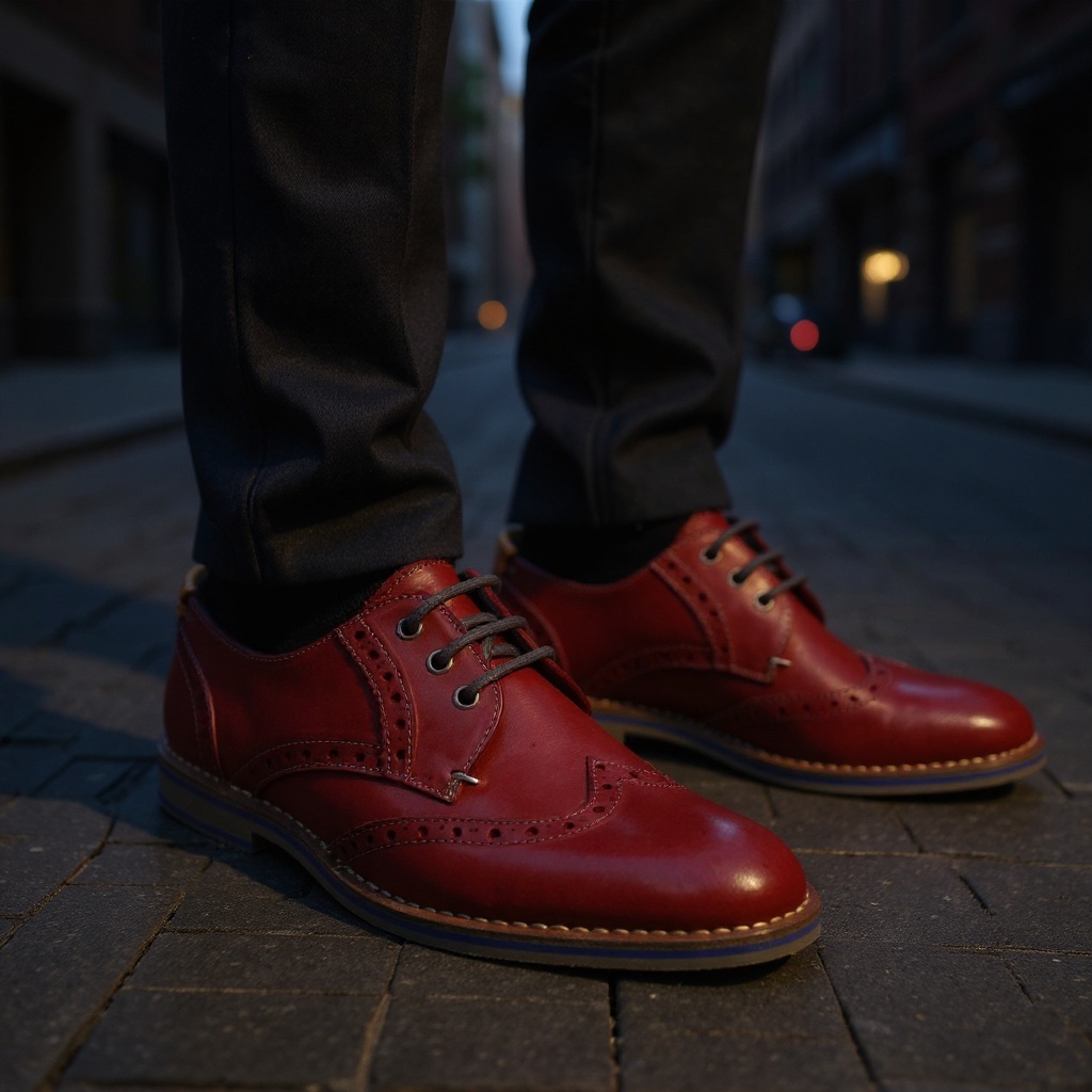 Hombre elegante caminando por la ciudad con un traje oscuro y bluchers rojos TED BAKER, destacando su estilo audaz.