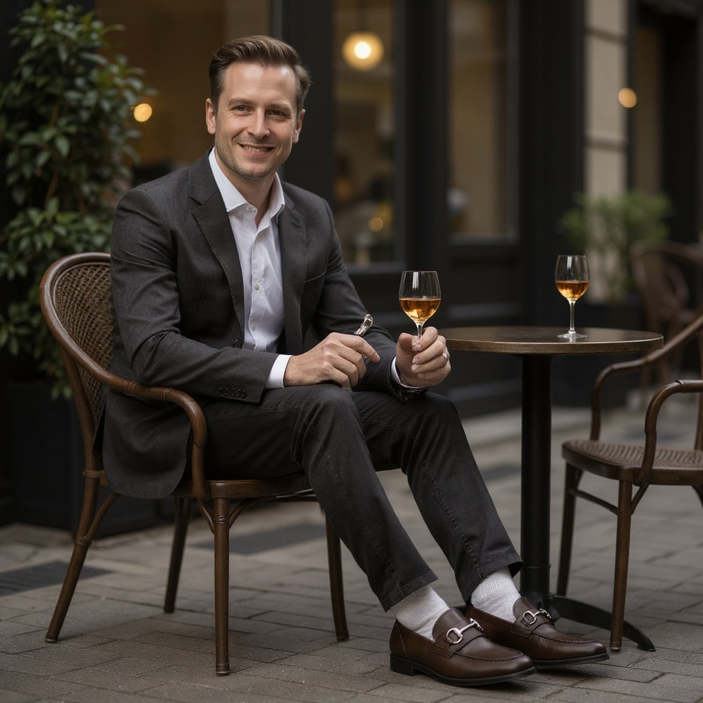 Hombre elegante luciendo mocasines CALCE cacao en una terraza con estilo.