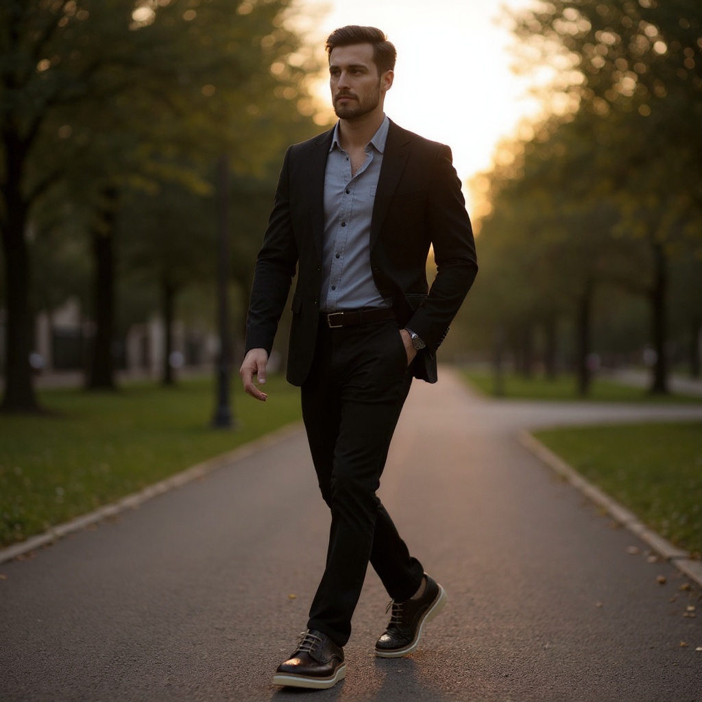 Hombre luciendo zapatos blucher cacao CALCE en un entorno urbano, reflejando un estilo de vida elegante y versátil.