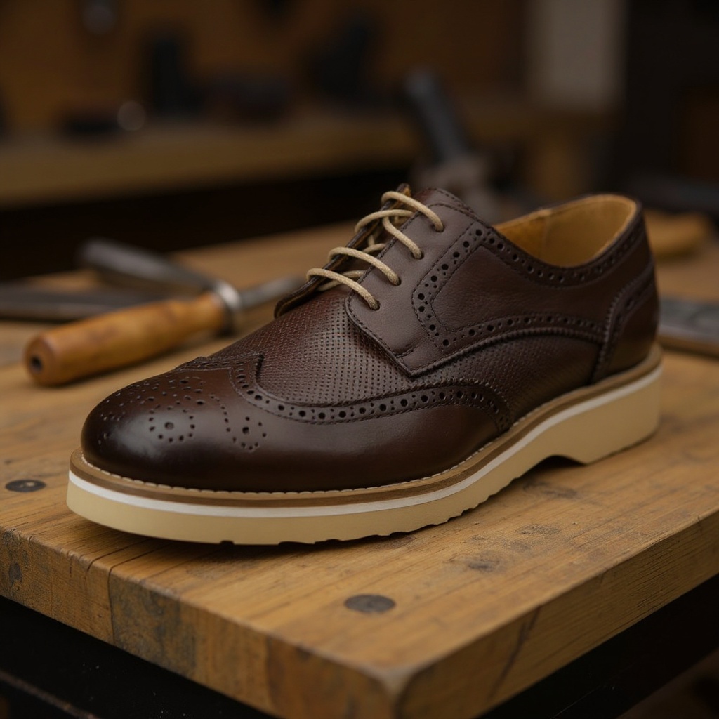 Primer plano de los zapatos blucher cacao CALCE, mostrando la textura del cuero BLOK y napa, en un entorno de taller artesanal.