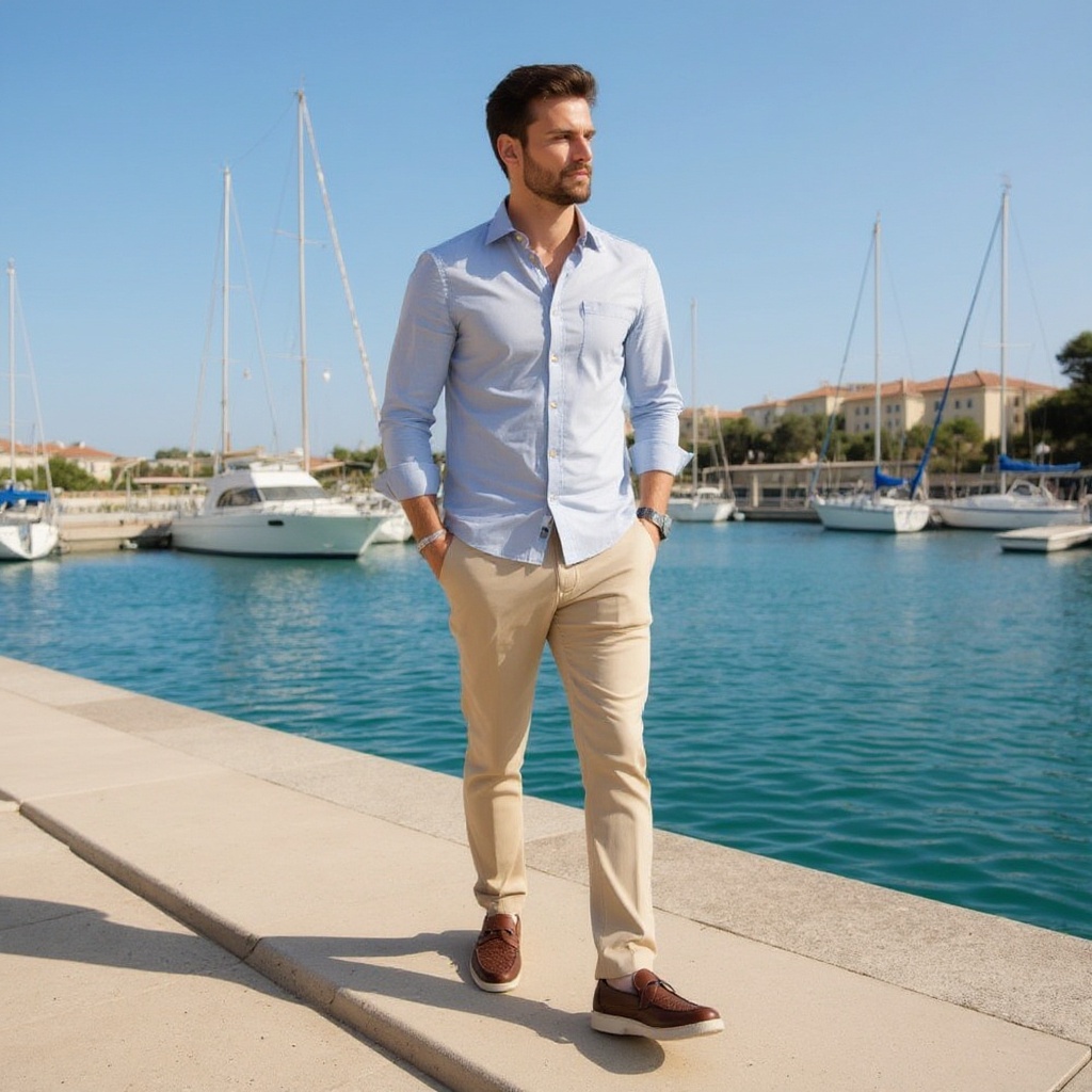 Hombre elegante con mocasines de cuero CALCE paseando por un puerto deportivo soleado.