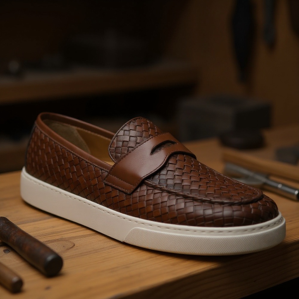 Detalle de los mocasines de cuero CALCE, mostrando la textura trenzada y la calidad de la piel en un taller artesanal.