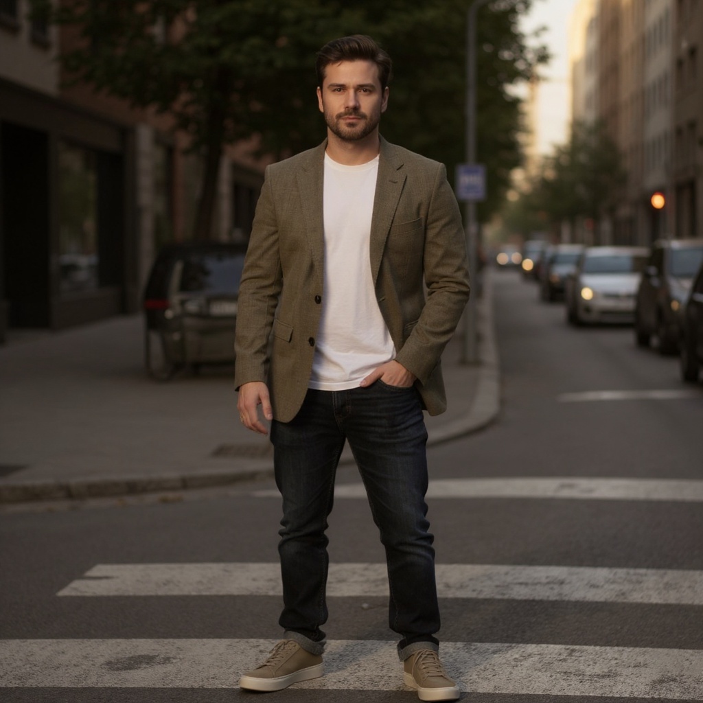 Hombre con deportivas CALCE taupe combinadas con vaqueros y blazer en un entorno urbano y moderno.