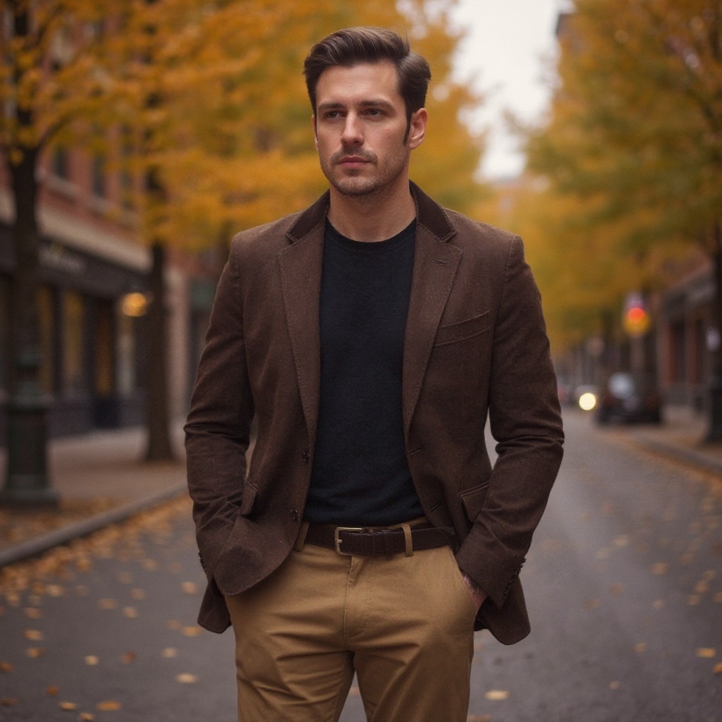 Hombre elegante luciendo unos bluchers TOMMY HILFIGER marrones, combinados con un look casual inteligente en un ambiente urbano.